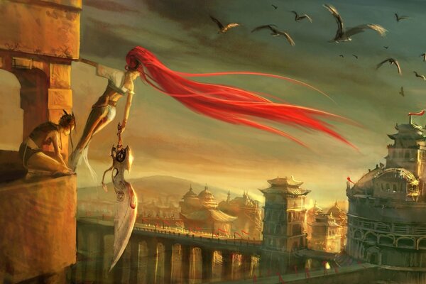 Futuristic art with a red-haired girl at a height among birds with a heavenly sword in the city of dreams