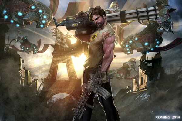 Cool Sam with a machine gun is standing around alien ships