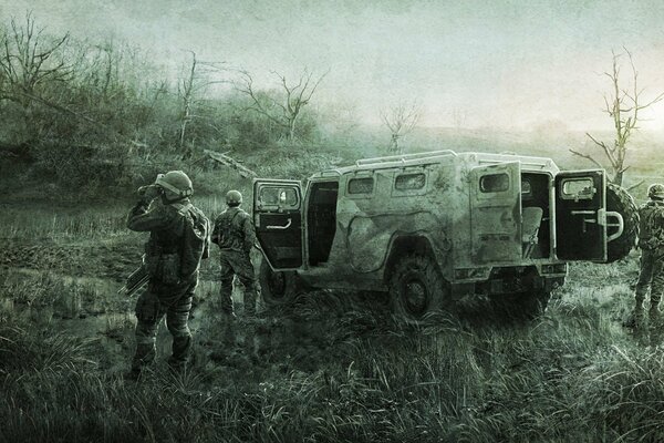 Soldats armés sur un marais sombre