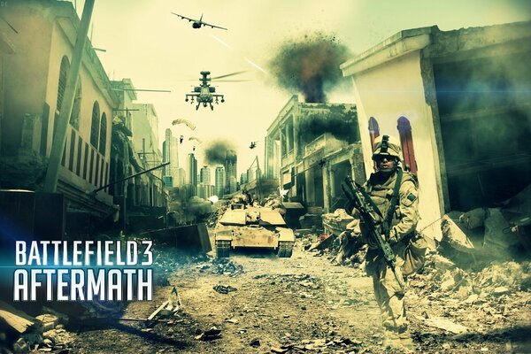 Ilustración de battlefield 3 con un soldado en medio de una ciudad destruida