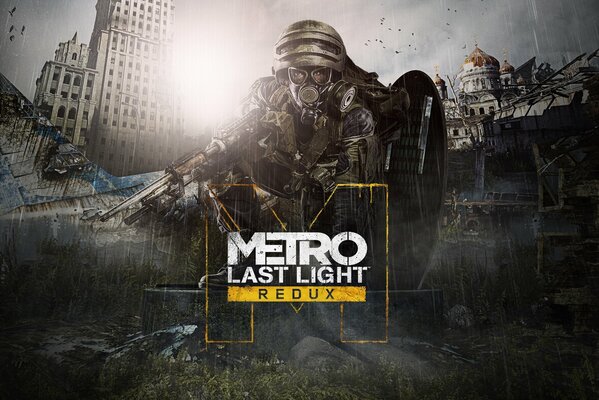 En las ruinas de una ciudad destruida, sobreviviente de,, metro,, guardabosques con una máscara de gas y con un arma en la mano