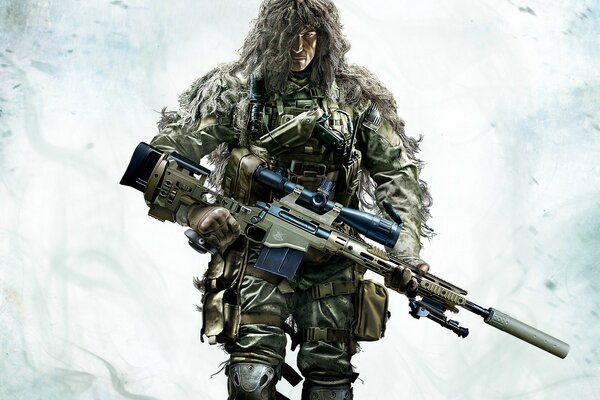 The ghost warrior carries a sniper rifle