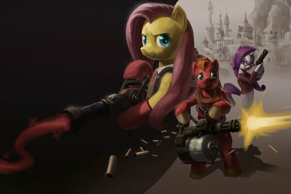 Los ponis disparan armas. May Little Pony