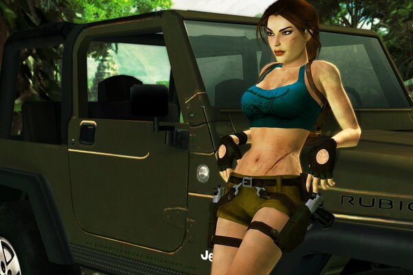 Imagen del juego Lara Croft cerca de un SUV