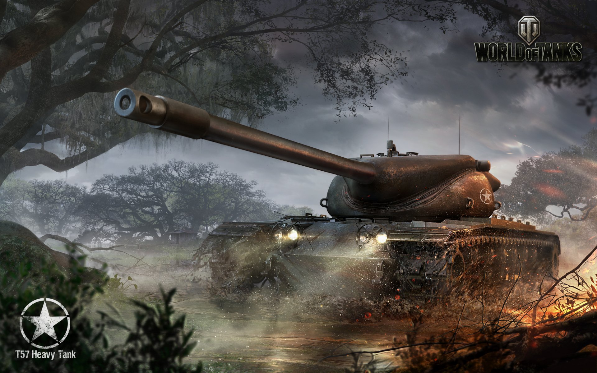 wargaming net world of tanks wot t57 schwerer panzer amerikanischer panzer usa bäume nebel feuer licht stamm eisen hütte wolken wasser schmutz busch logo tank titel schwerer amerikanischer panzer schwerer panzer wg