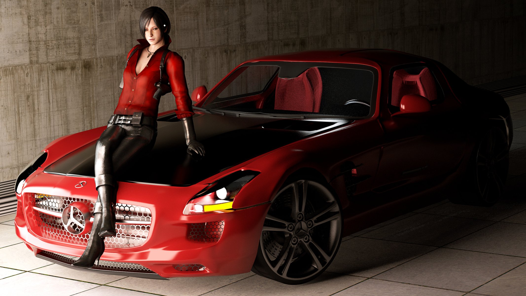 fan art ada resident evil mercedes benz sls amg roadster dziewczyna samochód na czerwono render