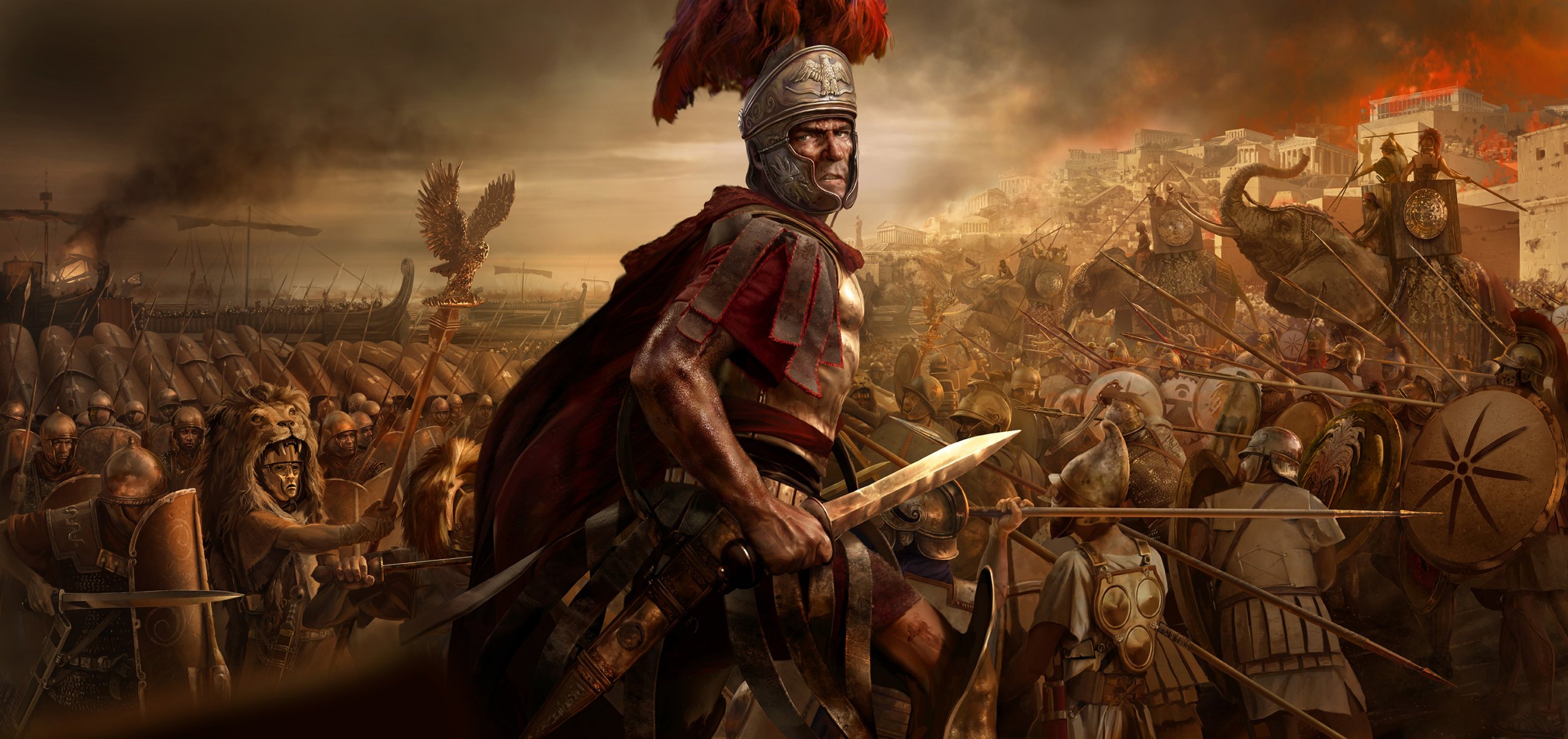 total war: rome 2 ejército batalla guerra soldados elefantes fuego lanzas escudos espada casco legión romana centurión aquilifer capa vaina máscaras cielo llama barco creative assembly sega