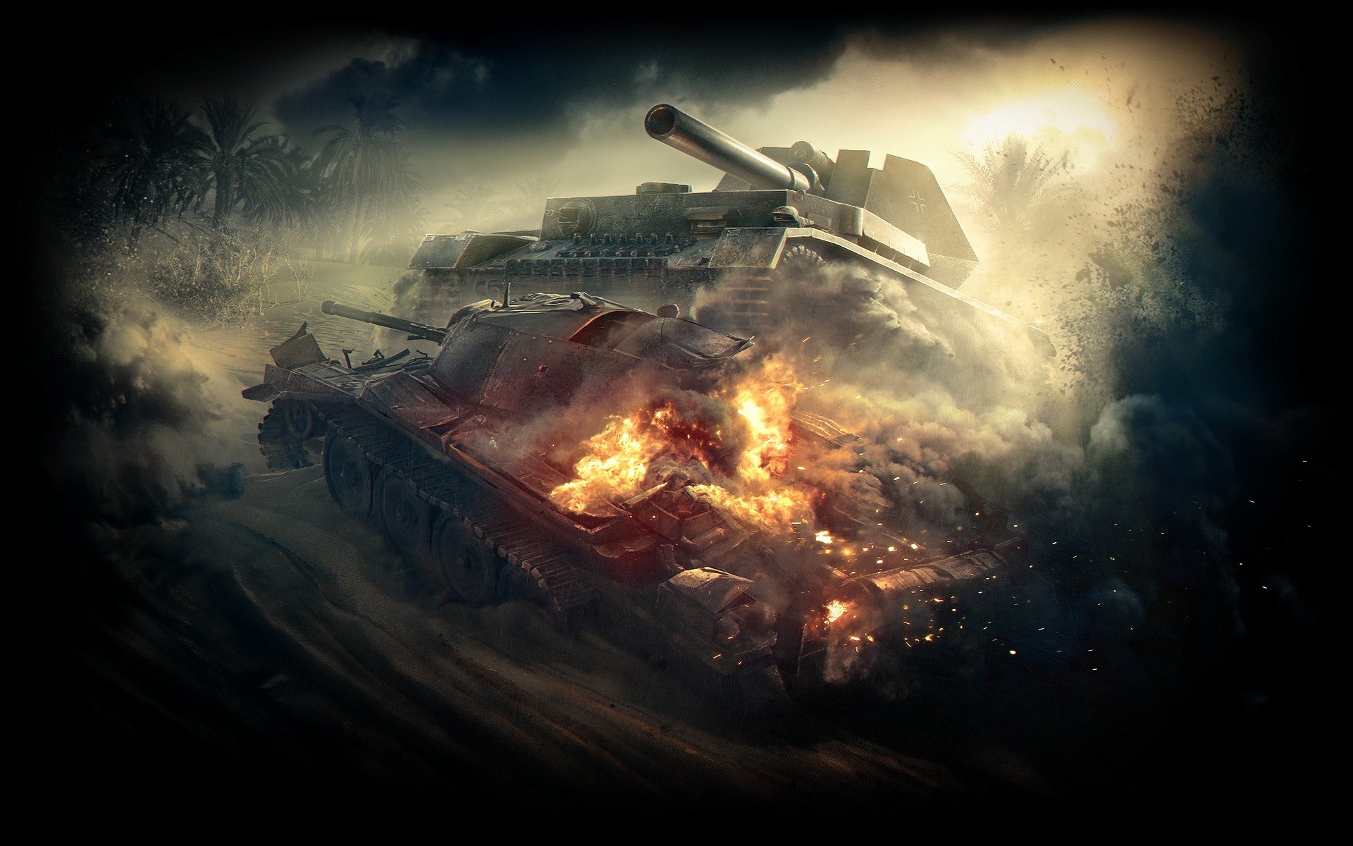 world of tanks wargaming net wot anti-acs fr germany german thu sau german tank tree fog fire clouds flame sky dust smoke waffenträger auf pz.iv sand desert palm land trunk iron sparks sunset pt-acs waffenträger wg