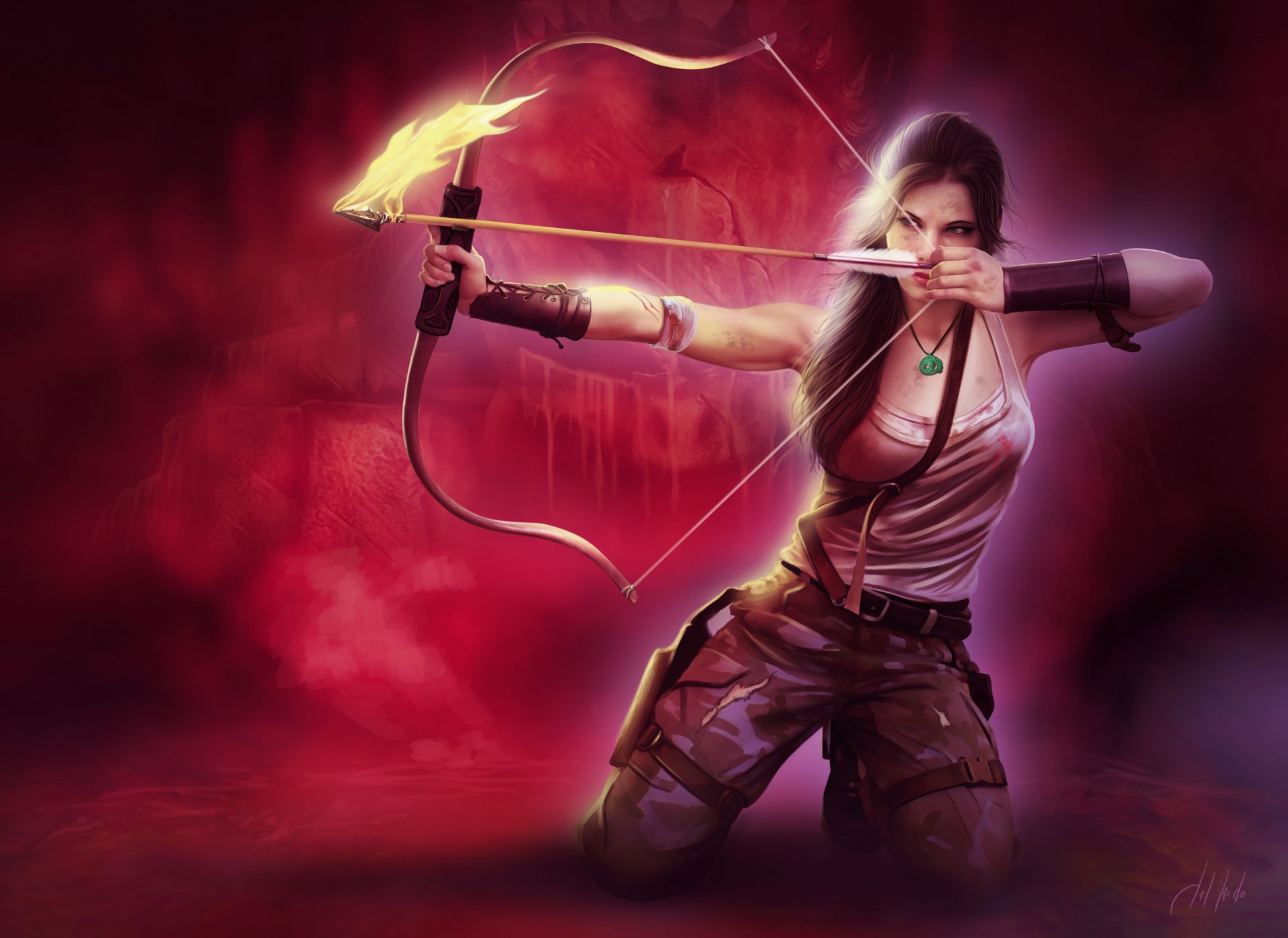 lara croft tomb raider arte ragazza arma arco freccia fuoco mira viso sguardo coda di cavallo capelli maglietta sfondo