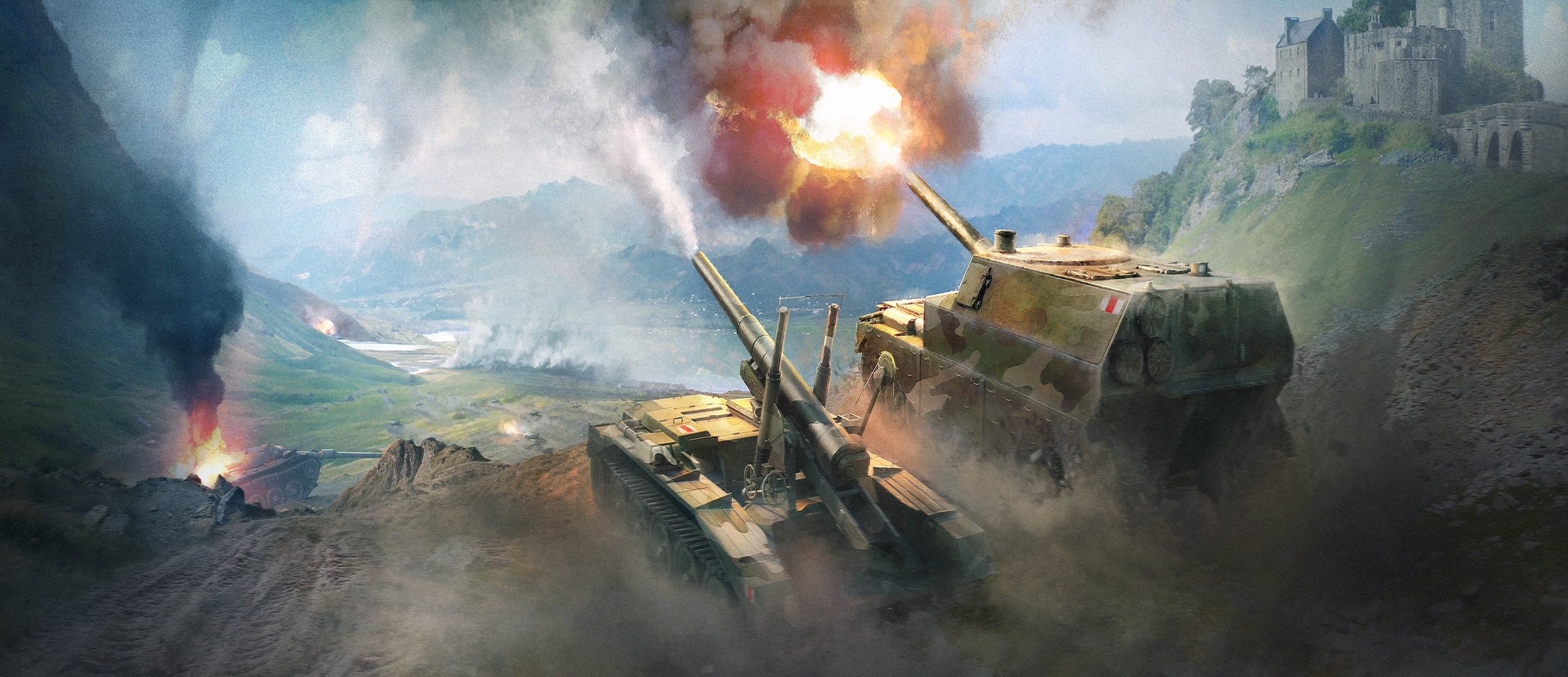 wargaming net world of tanks wot pojazdy brytyjskie działa samobieżne działa artyleryjskie crusader 5.5 v . sp fv3805 leopard-1 góry strzał płomień ogień chmury kurz dym budynek woda kamuflaż art wp