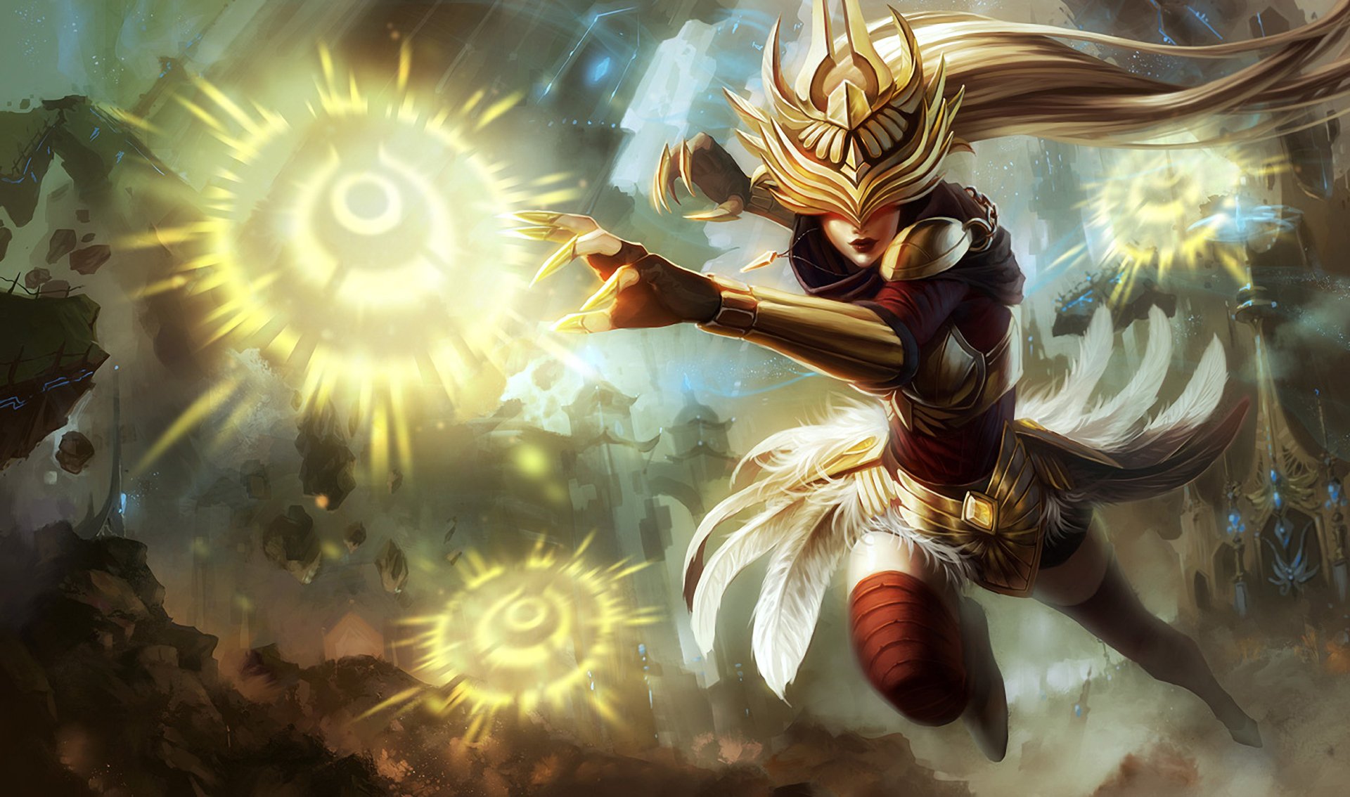 league of legends lol syndra girl armour feathers magic explosions town