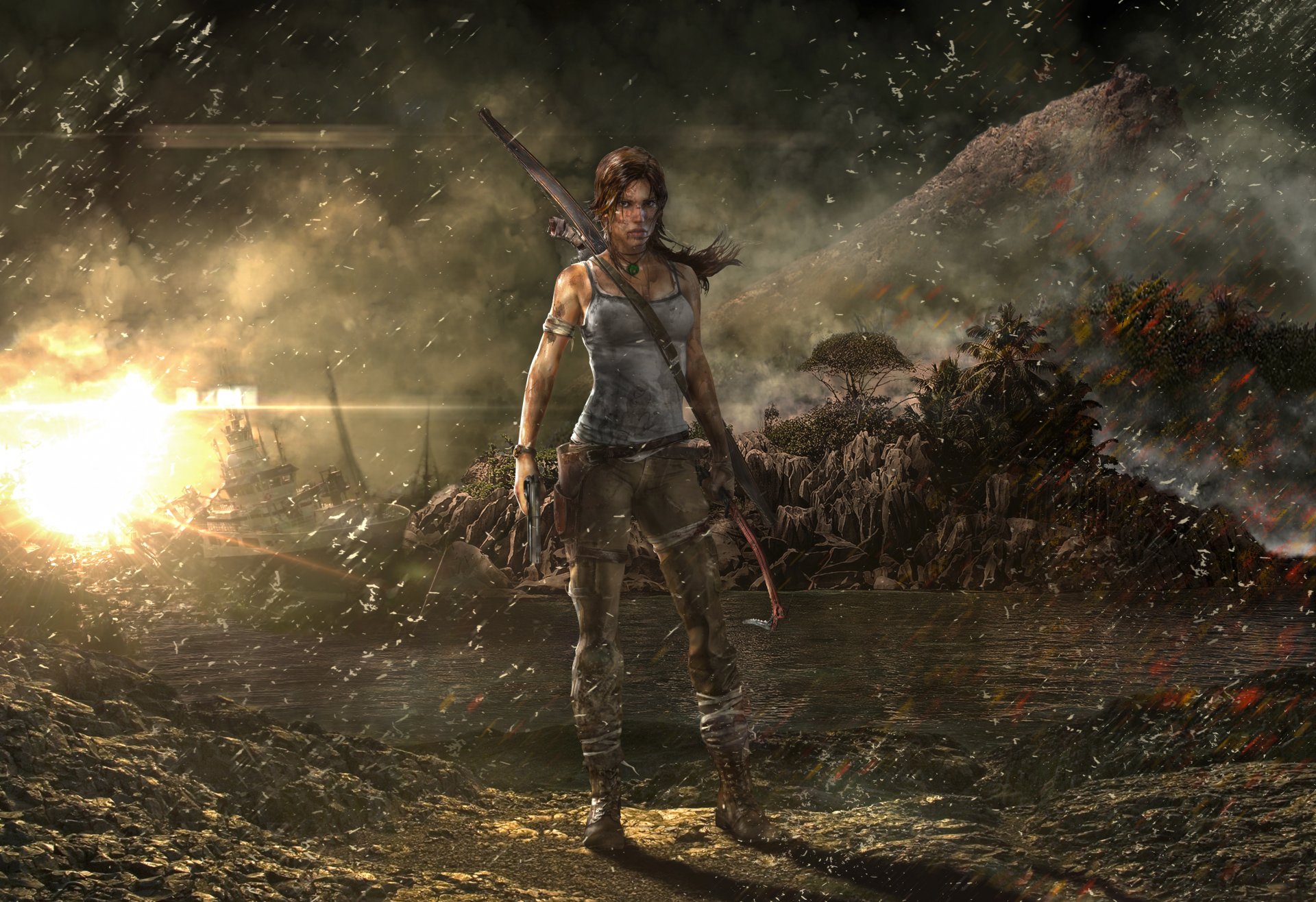 tomb raider tomb raider lara croft barco chica lluvia montaña