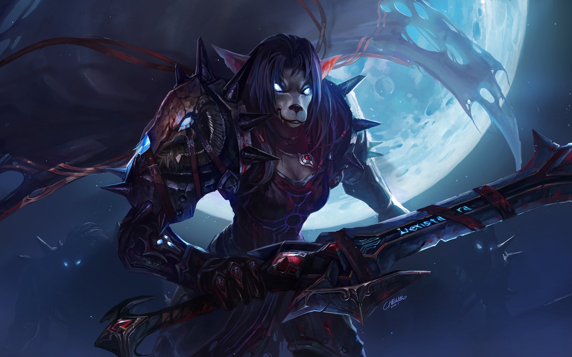 world of warcraft wow worgen guerrier armure épée sang épines nuit lune yeux brûlants