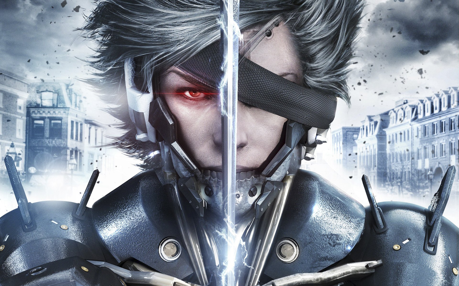 metal gear rising: revengeance ninja cyborg raiden casa espada armadura corriente ojo mirada acero código de barras nubes konami juegos de platino kojima production