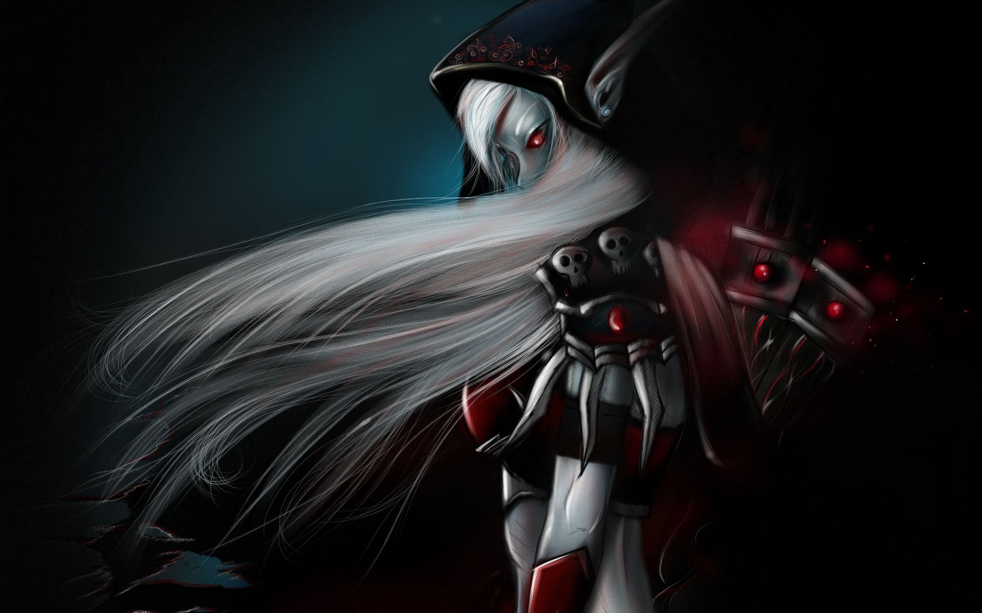 art world of warcraft sylvanas windrunner elf white hair red eyes hood