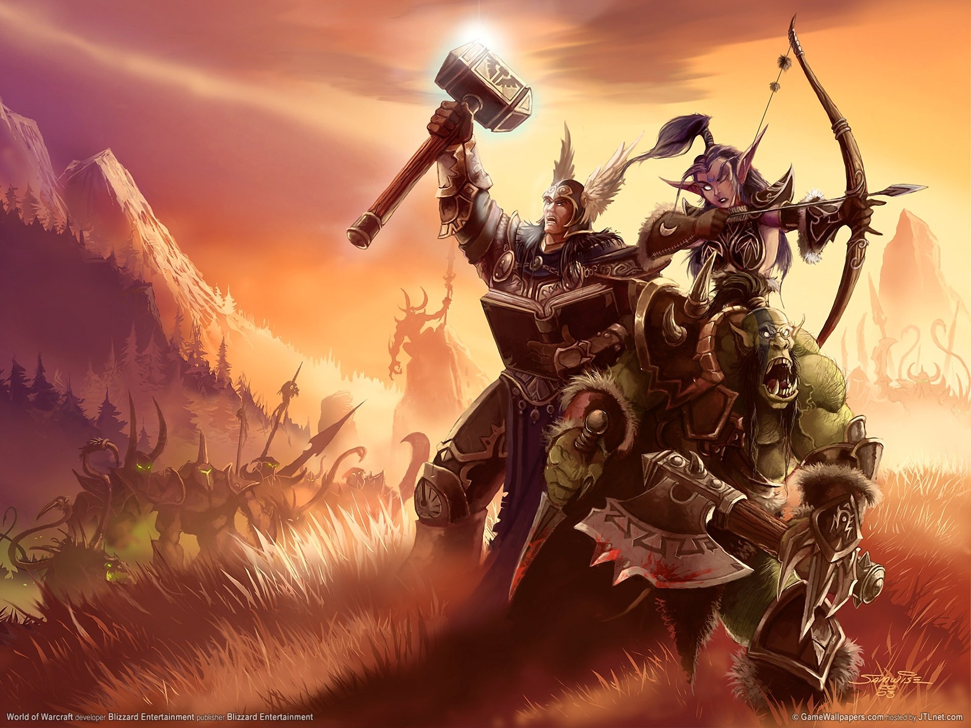 mundo de warcraft wow hombre elfo orco armadura armas montañas valle monstruos rodeado