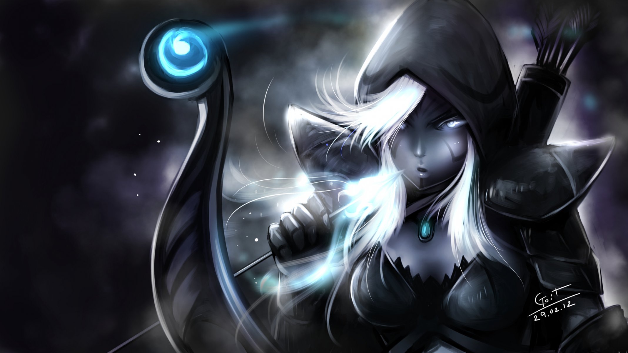 kunst drow ranger dota 2 mädchen pfeil elfe haube bogen