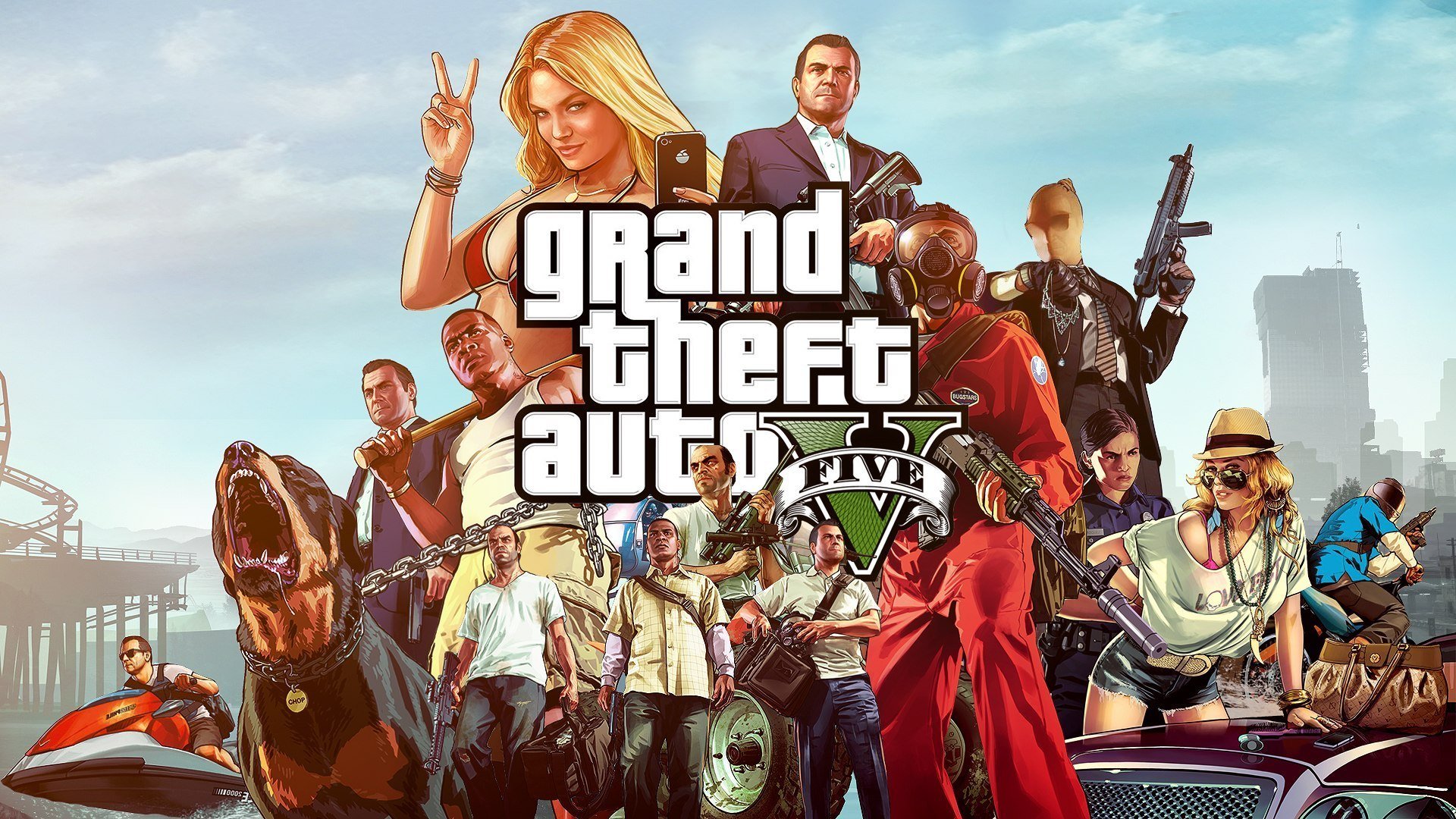 gta 5 grand theft auto v michael trevor phillips franklin rockstar north rockstar games bandyci mafia broń pies bita łańcuch tapety