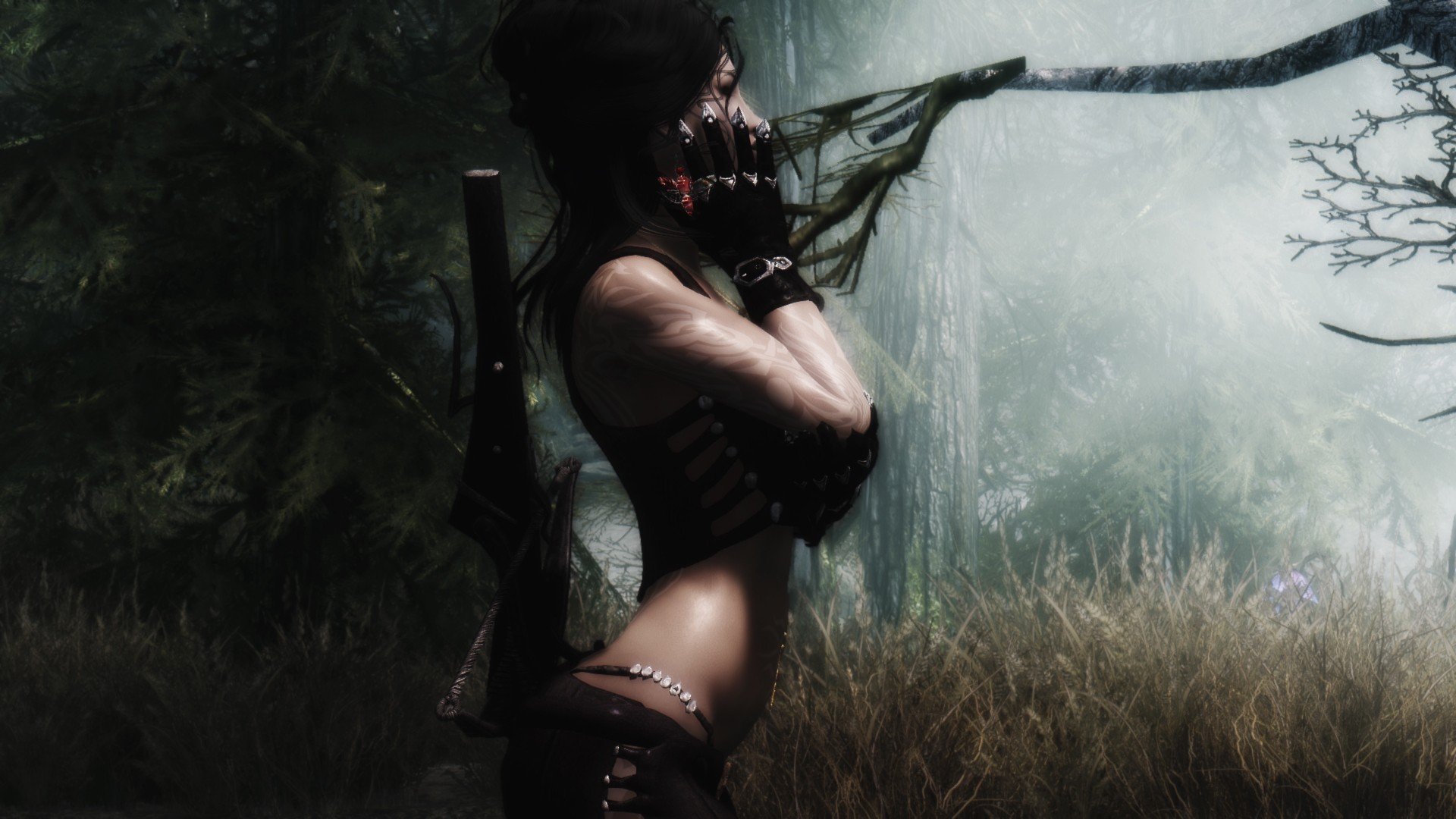 the elder scrolls v skyrim skyrim girl tree forest grass gloves weapon