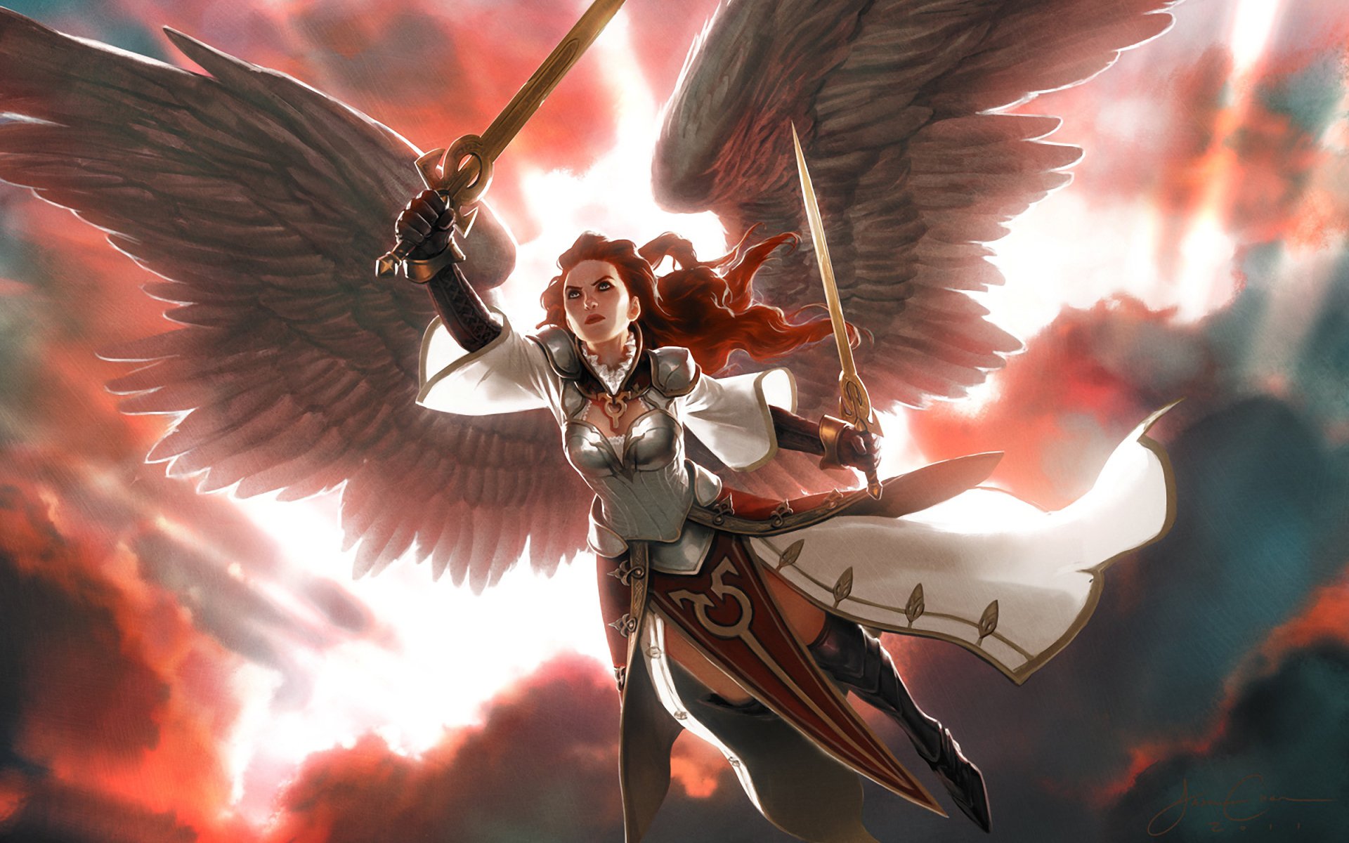 magic: the gathering girl wings armour swords clouds light