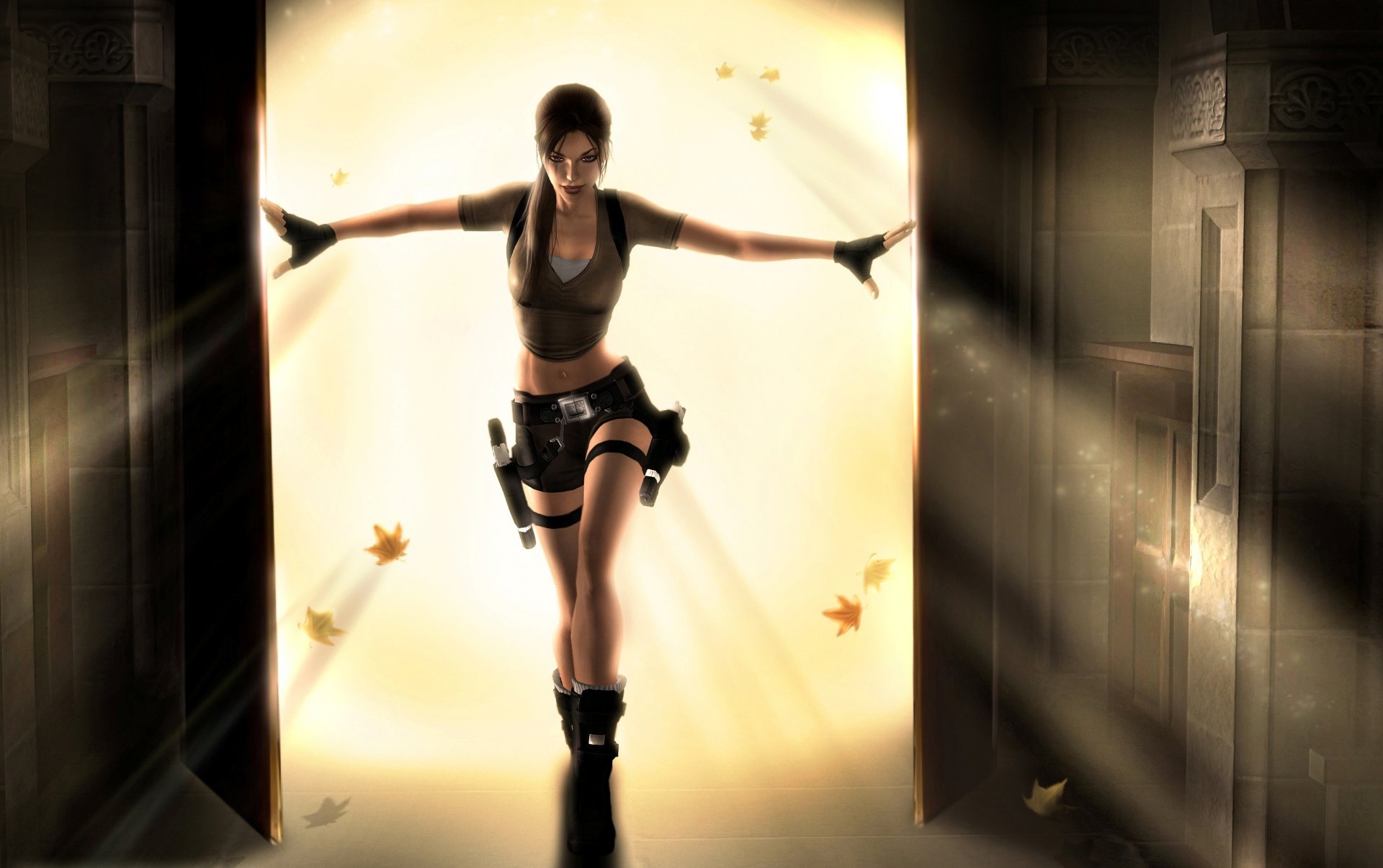 tomb raider lara croft ragazza fantascienza pistole tempio porta tonalità di luce gialla foglie d acero