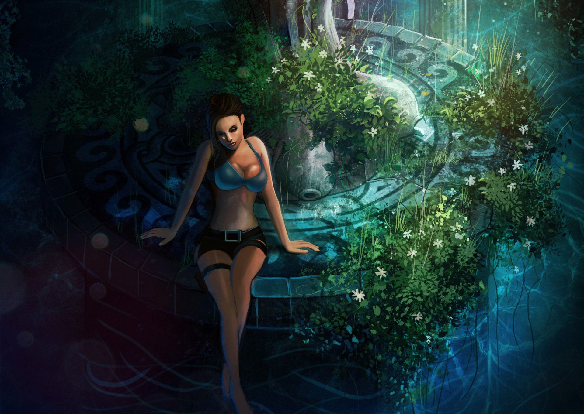 lara croft tomb raider mädchen shorts brust sitzen brunnen blumen gras spielen