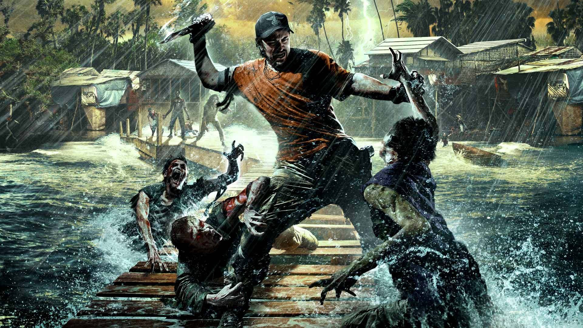 dead island riptide deep silver зомби нож вода хижина деревья молния мостки пальмы лотка выжившие оружие джон ситуация