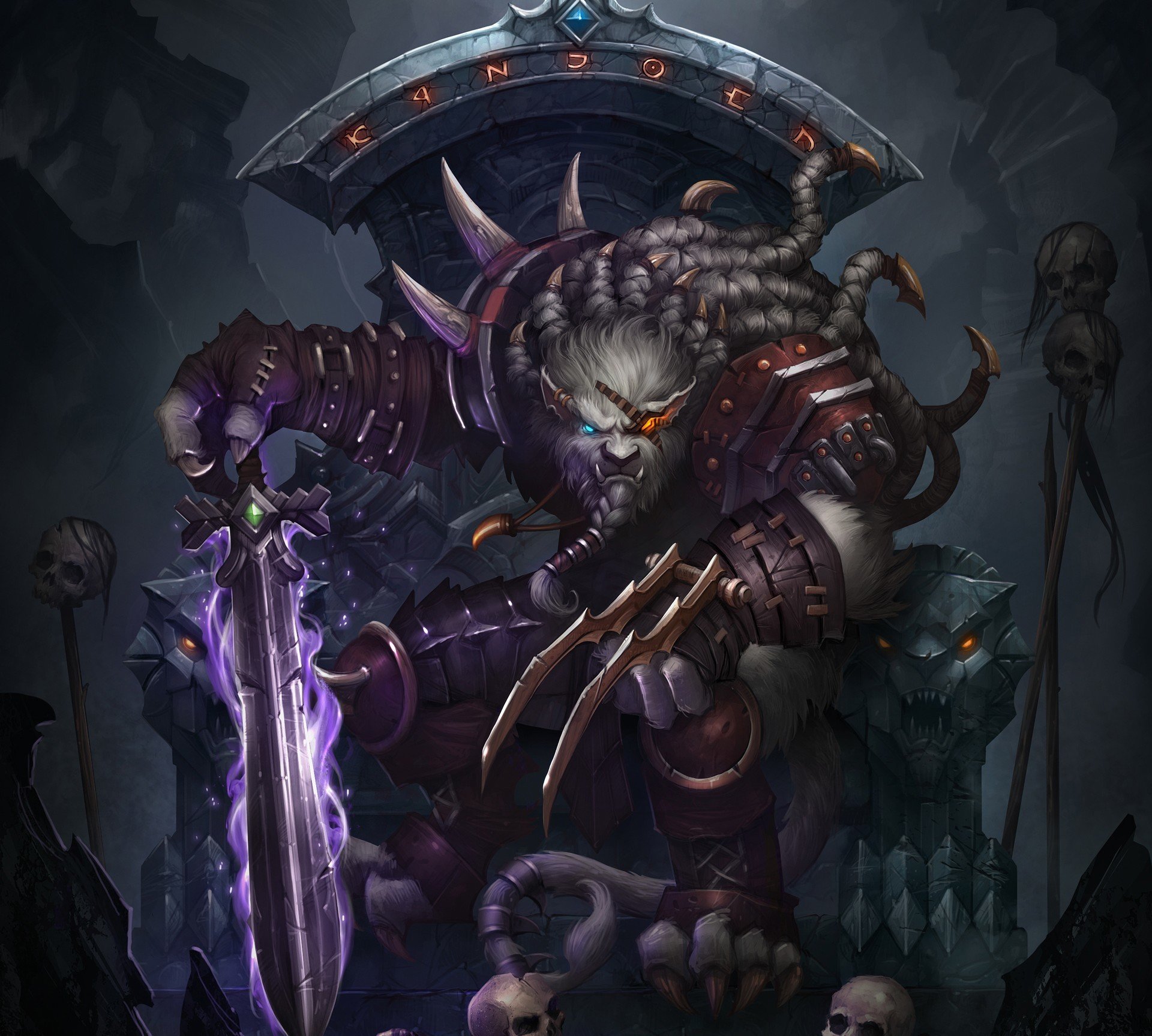 arte rengar liga de leyendas guerrero trono espada cráneo diadema lobo