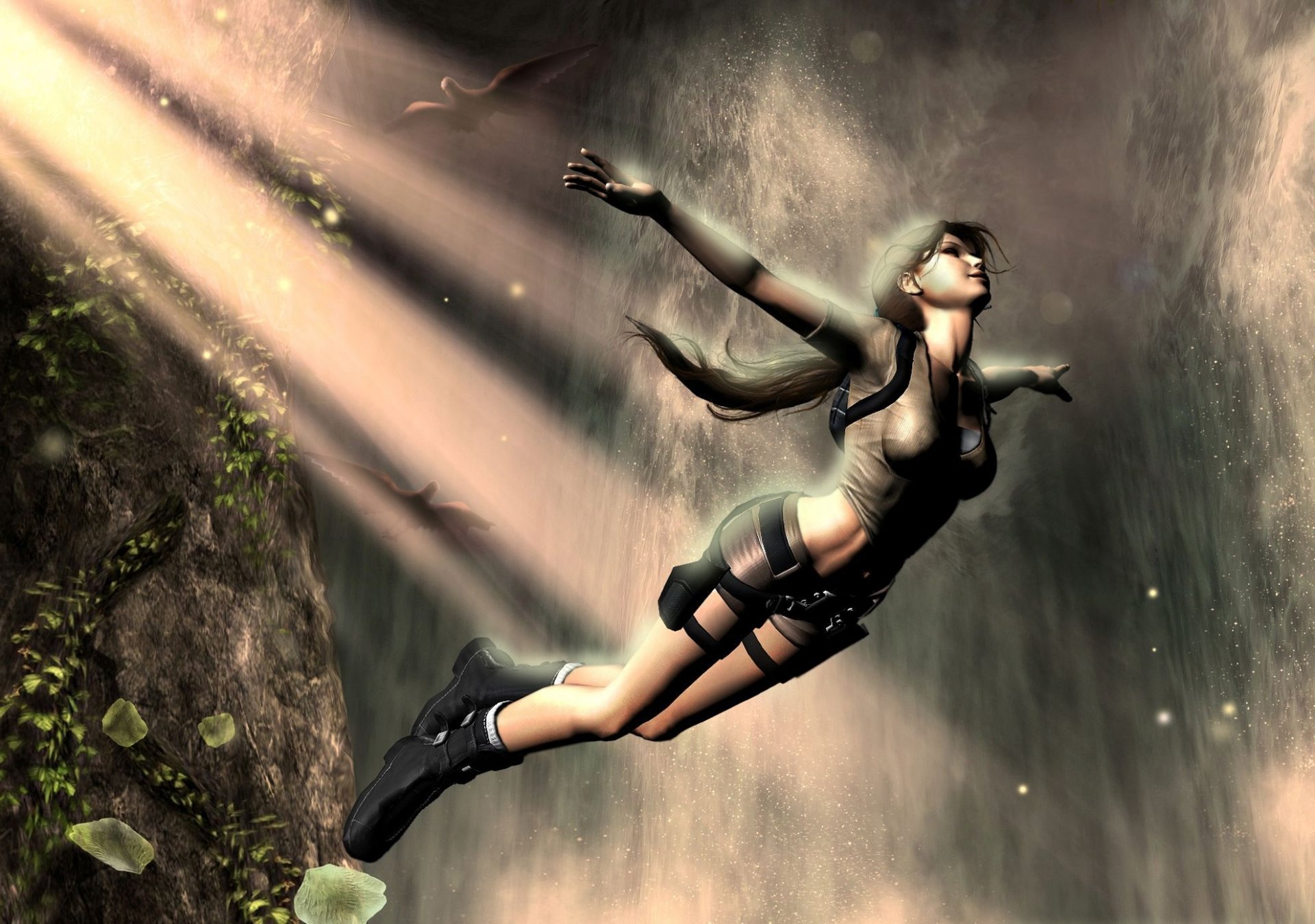 tomb raider lara croft chica fantasía salto roca pájaros cascada