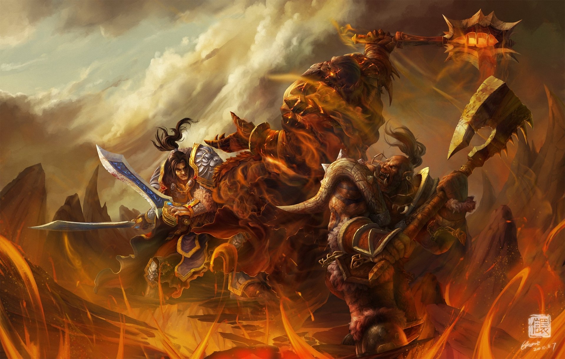 arte wow mondo di warcraft battaglia orco guerriero mostro arma fuoco lava rocce