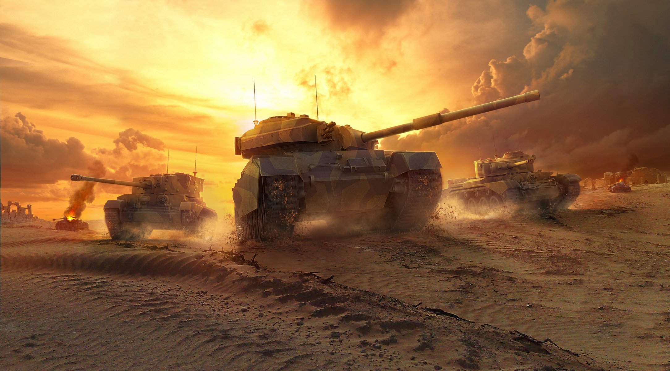 wargaming neto world of tanks wot centurion mk . 7/1 cometa cromwell reino unido tanque británico inglaterra arena desierto cielo nubes puesta de sol llama fuego polvo humo tanques medios edificio tanque medio británico wg