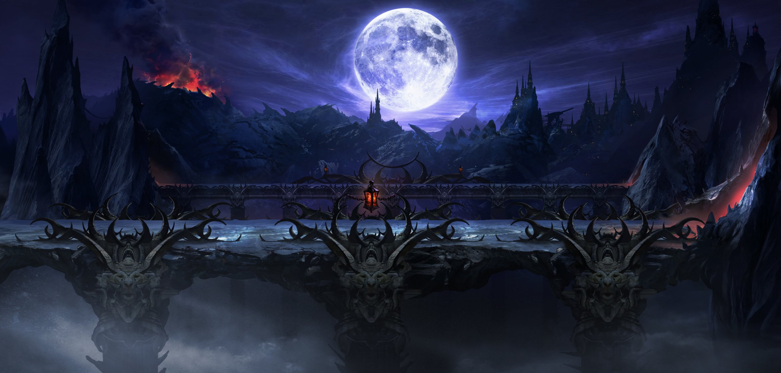 kunst mortal kombat nacht landschaft mond brücke felsen schloss vulkan