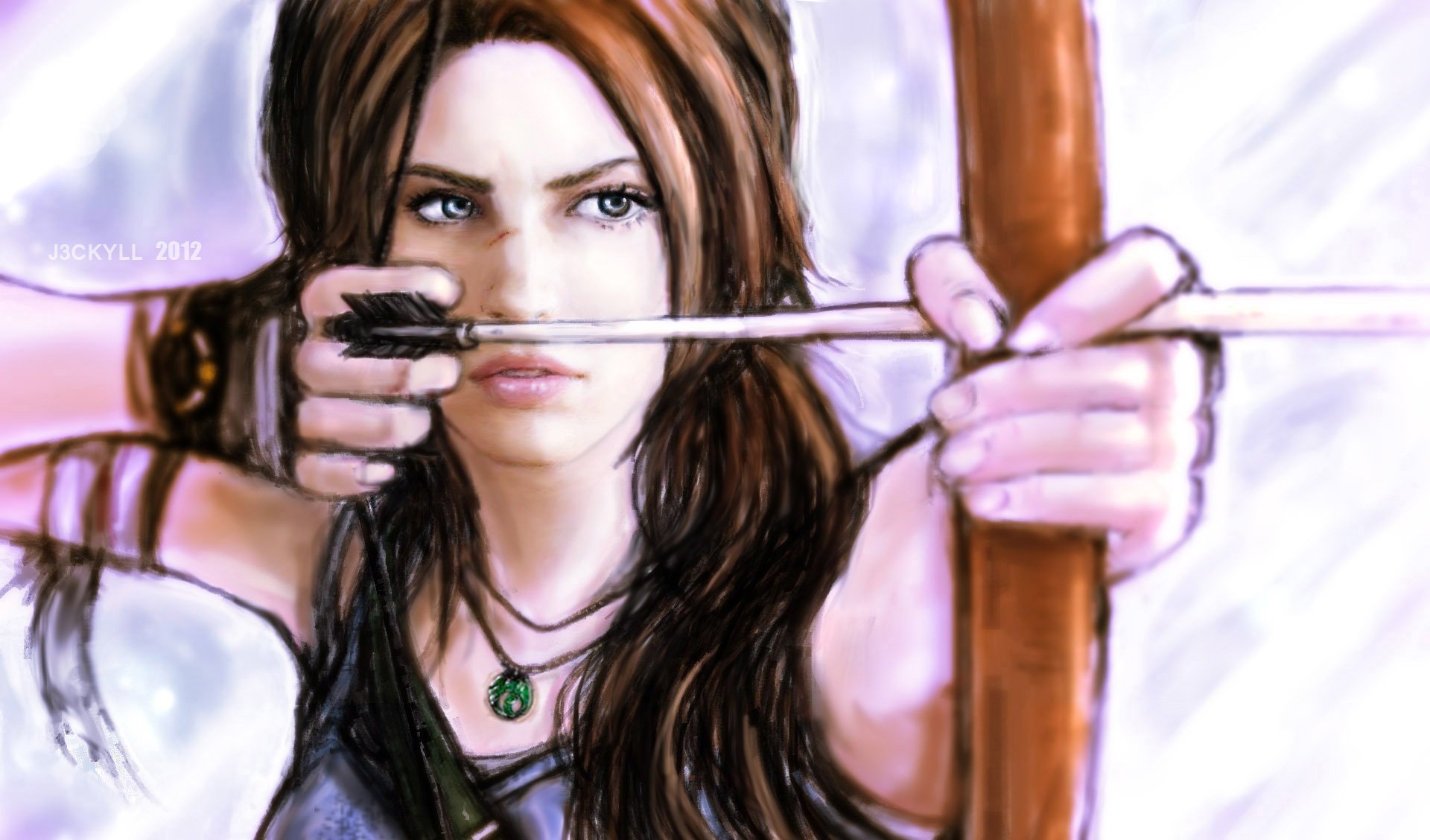 lara croft tomb raider mädchen spiel gesicht blick haare handschuhe waffe bogen pfeil kunst zeichnung