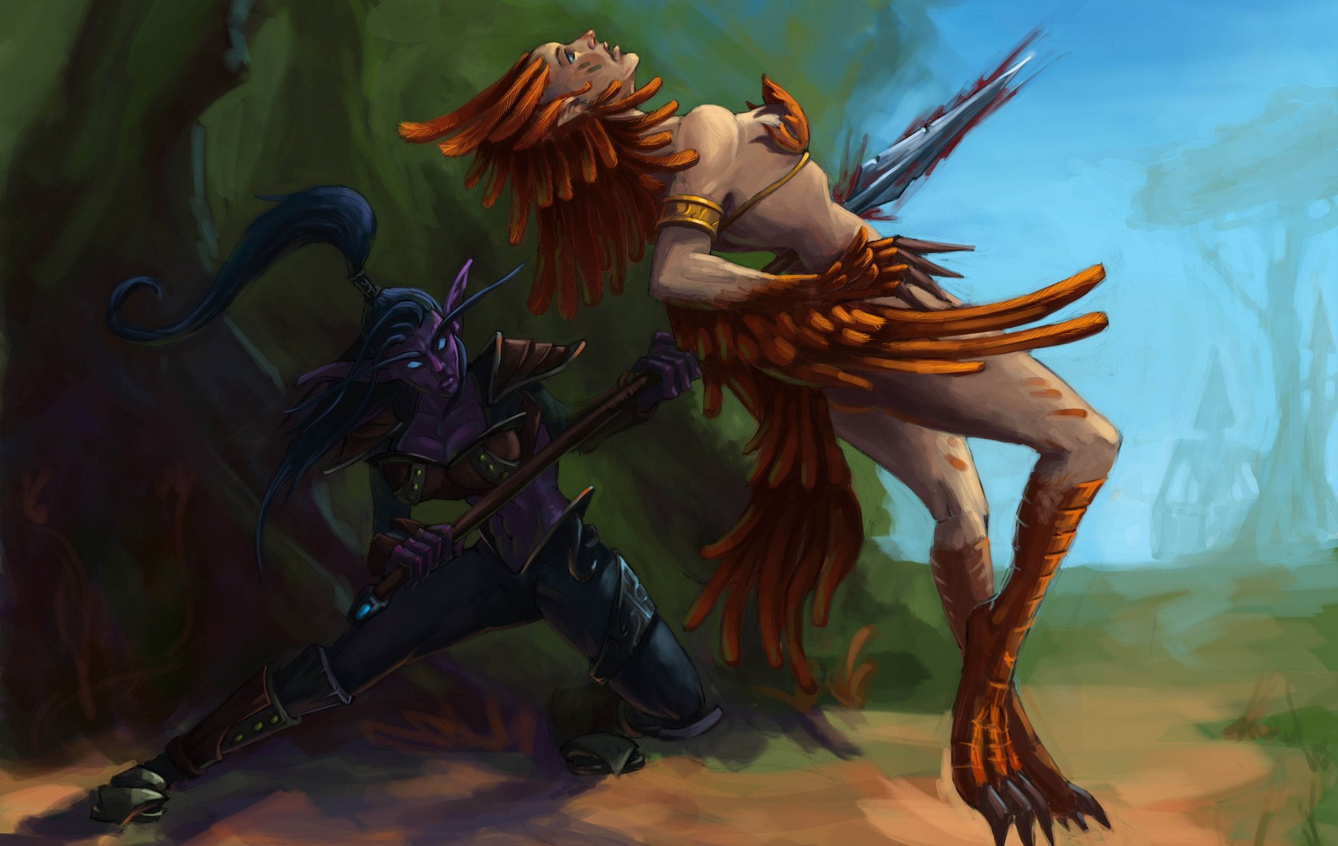 art world of warcraft wow night elf elf girl forest spear feathers murder attack