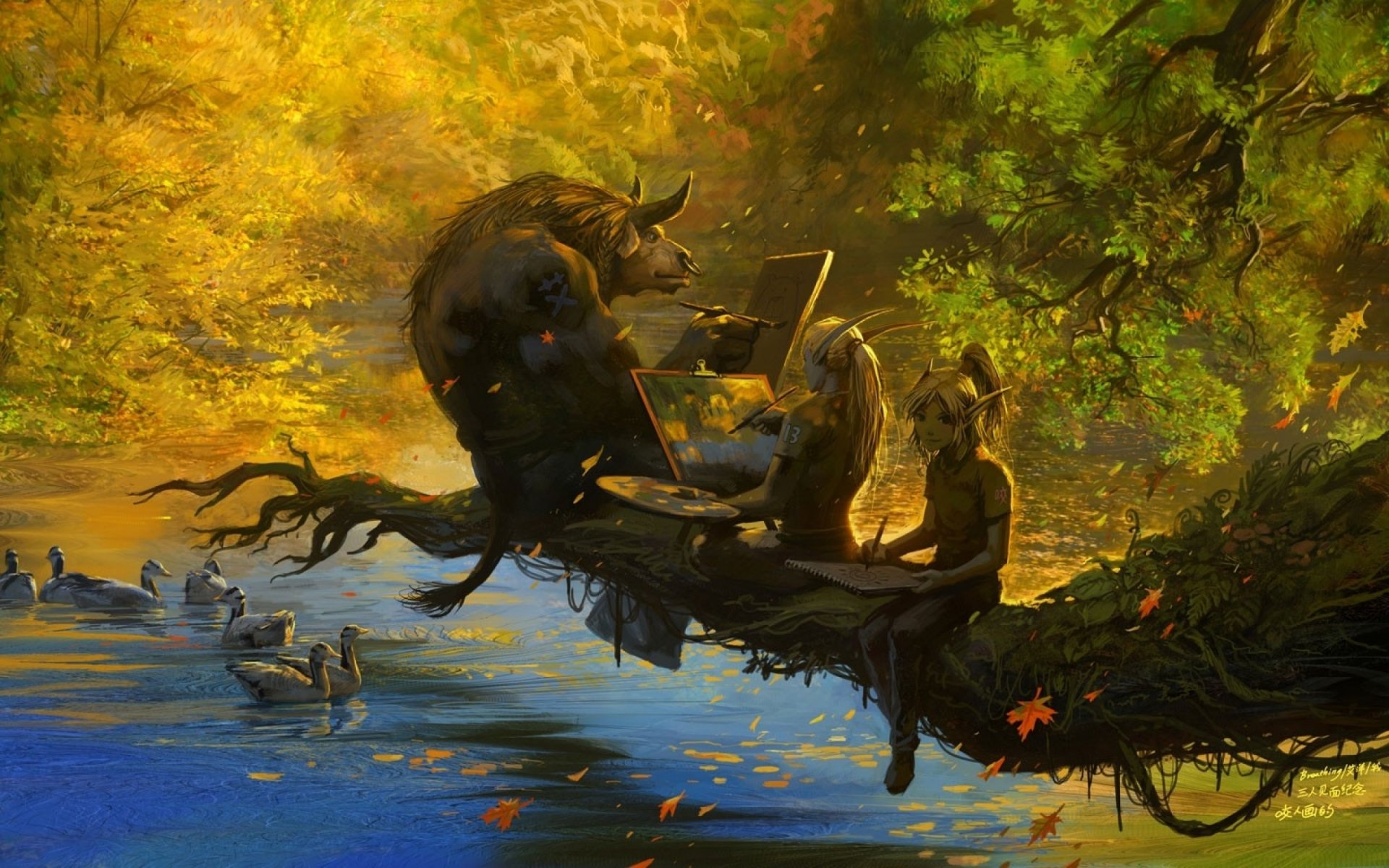 mondo di warcraft wow autunno caduta delle foglie lago ramo elfi tauren disegnare