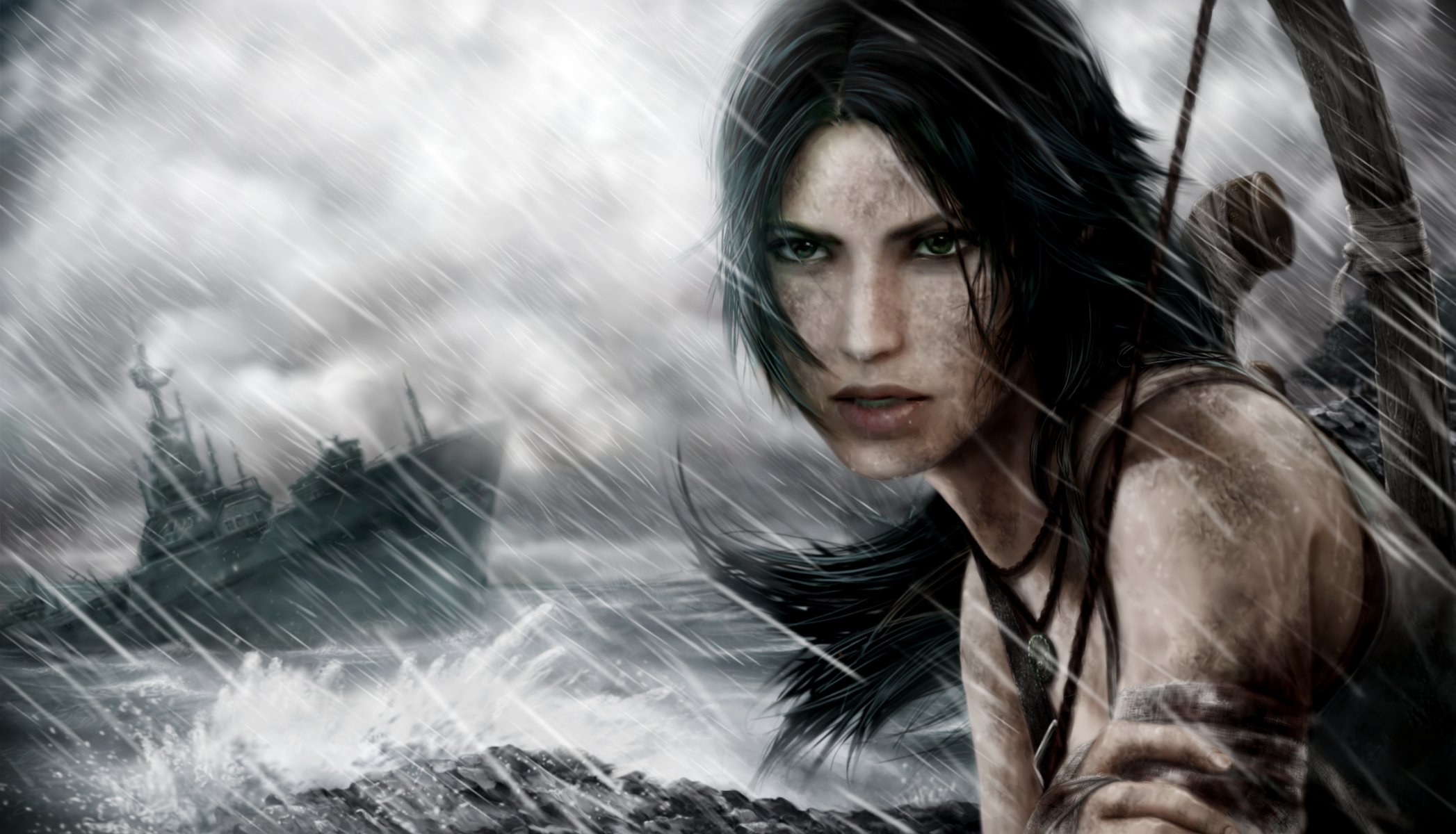 lara croft tomb raider juego chica arma arco cara ojos pelo cola de caballo mirada mano barco mar olas cielo tormenta