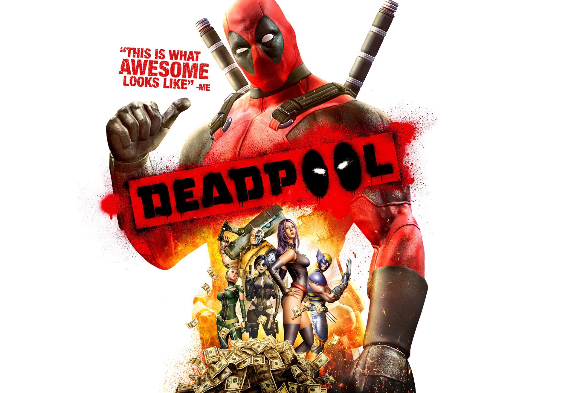 deadpool: the game deadpool antybohater rozmowny najemnik wade winston wilson wade wilson marvel pieniądze dolary dolary wolverine ogień płomień miecze broń high moon studios activision publishing