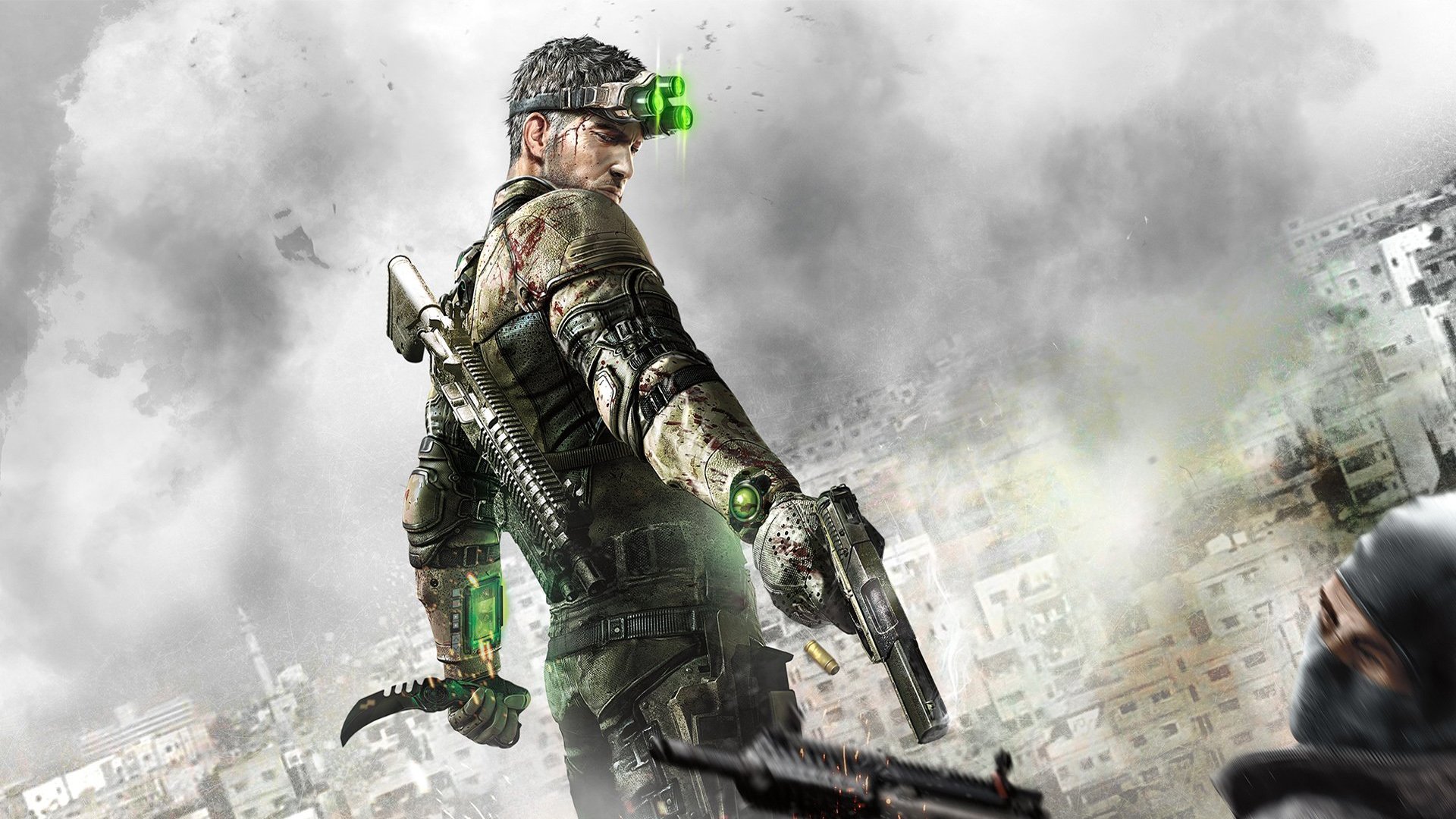 tom clancy splinter cell: lista negra celdas divididas: lista negra sam fisher samuel leo fisher samuel l. fisher agente arma pistola ametralladora manga casas cuchillo gafas de visión nocturna terrorista disparo nubes equipo ubisoft toronto