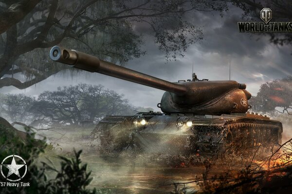 An American tank is standing in the water in a fog on a gray background