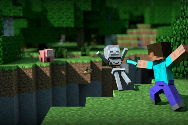 El héroe de minecraft empuja al enemigo al abismo