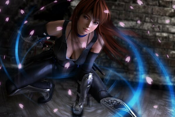 Chica ninja Kasumi posando en pétalos