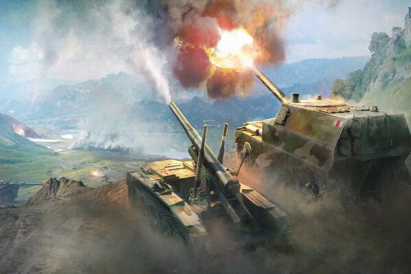 Two tanks firing at enemies