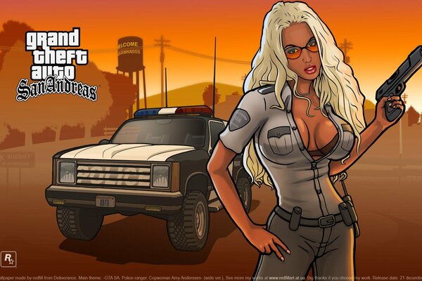 Juego de ordenador GTA: San Andreas. Chica policía