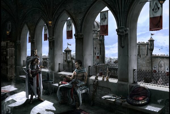 A frame from the game Assassins creed. Man and girl