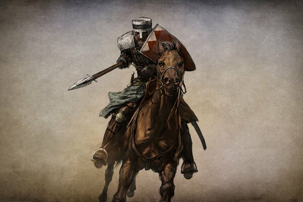 A knight with a shield is rushing on a horse