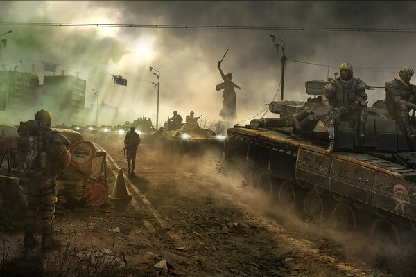 Survarium soldiers on tanks in a military zone