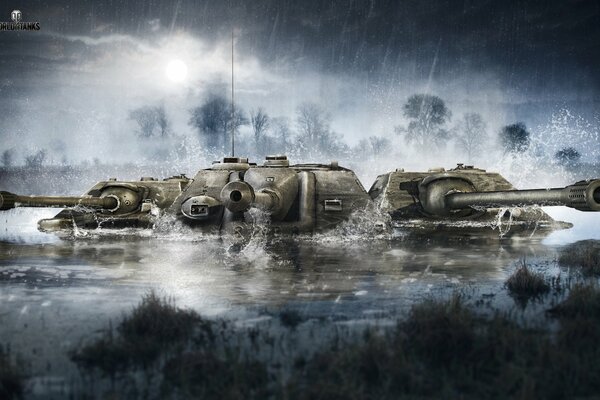 Tres tanques en el agua bajo la lluvia. Wot