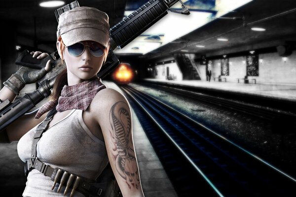 Armed girl with a tattoo in a dark subway