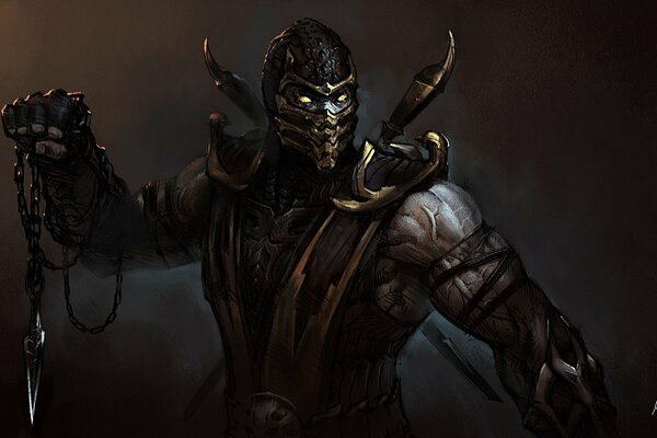 Fan art Scorpion de mortal kombat dans un masque et avec un couteau