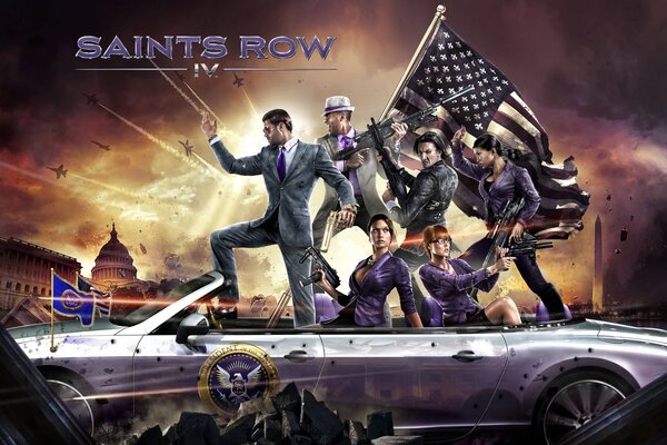 Charaktere von saints row 4. deep silver. Washington. schubkarre mit Flagge